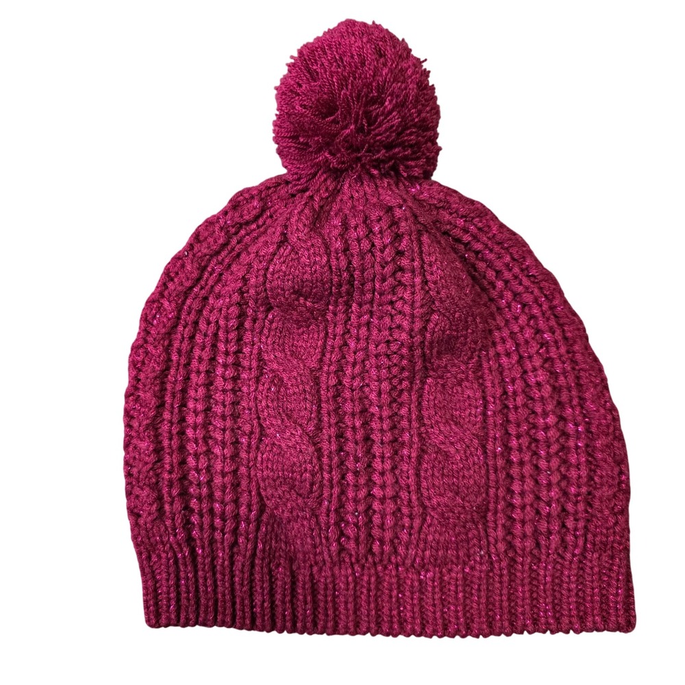 New York Company Knit Beanie Hat Pom Pom‎ Cable Knit Metallic Fuchsia Women